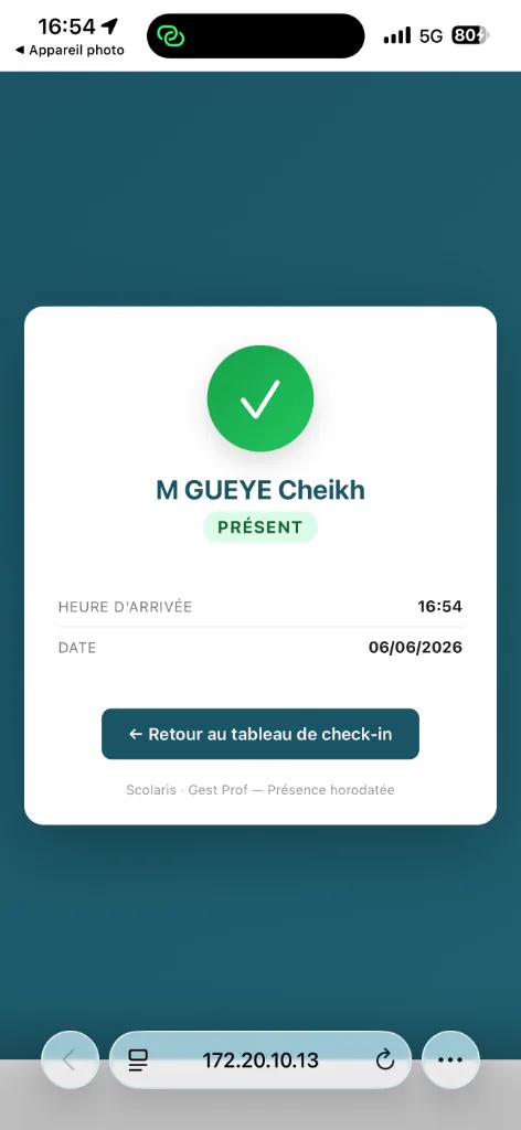 Confirmation de check-in enseignant sur mobile dans Gest Prof.