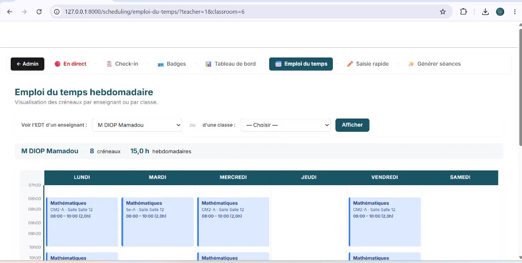 Emploi du temps hebdomadaire Gest Prof, créneaux par enseignant.
