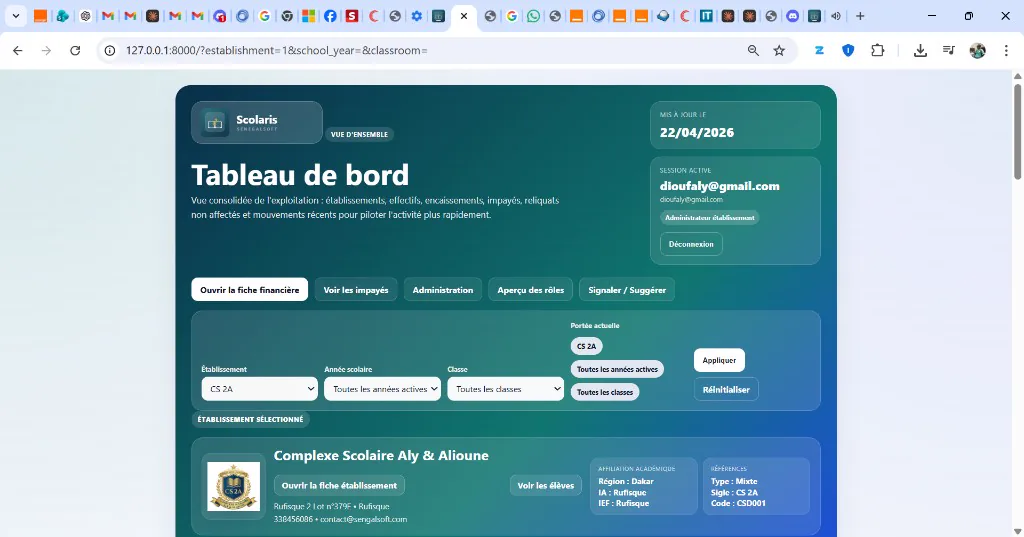 Tableau de bord Scolaris: filtres d'établissement, année scolaire et fiche de l'école.