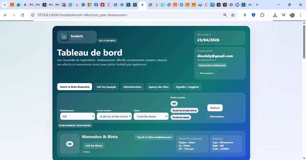 Fiche établissement dans Scolaris, avec coordonnées et rattachement académique.
